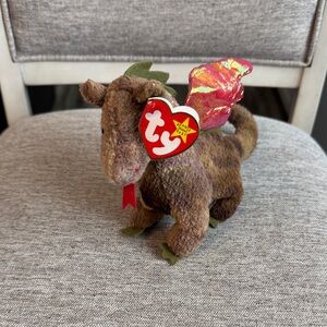Ty Brown Dragon Stuffed Animal with Red and Green Accents